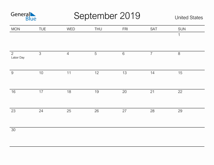 Printable September 2019 Calendar for United States