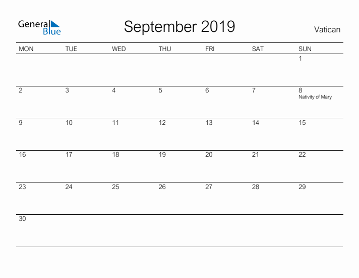 Printable September 2019 Calendar for Vatican