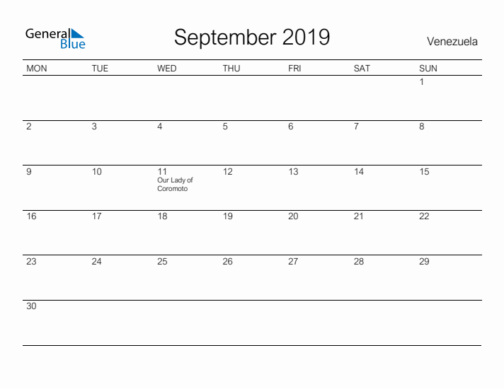 Printable September 2019 Calendar for Venezuela