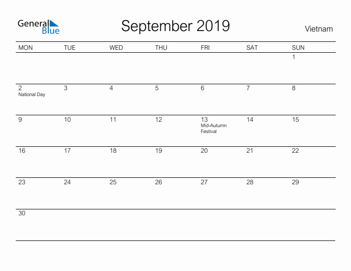 Printable September 2019 Calendar for Vietnam