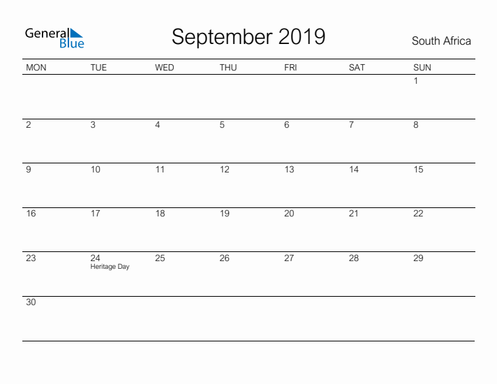 Printable September 2019 Calendar for South Africa