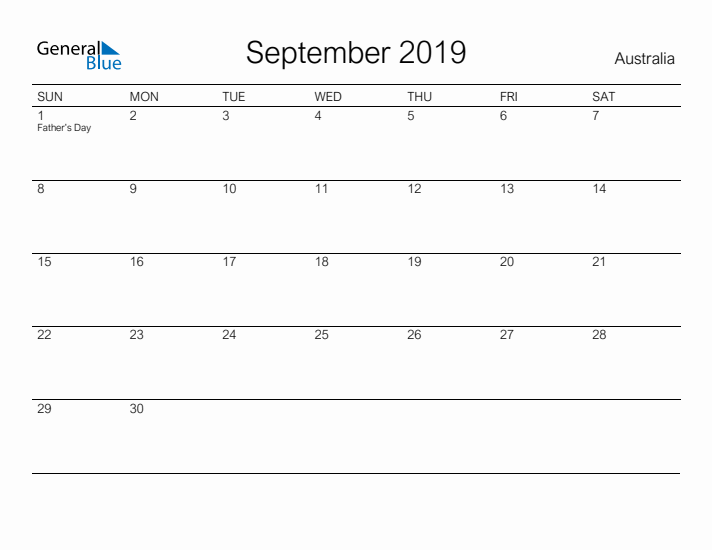 Printable September 2019 Calendar for Australia