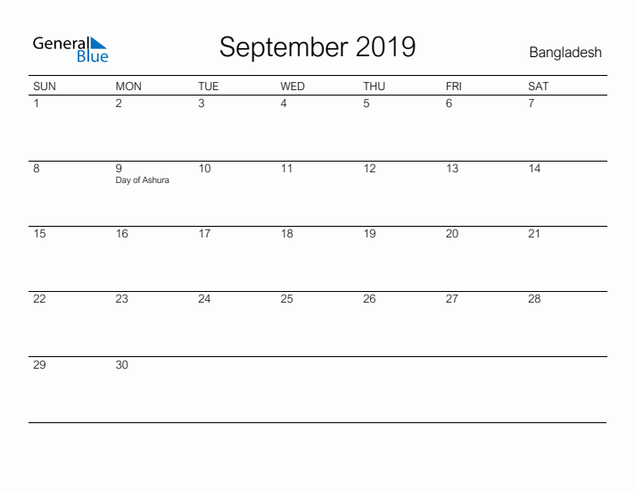 Printable September 2019 Calendar for Bangladesh