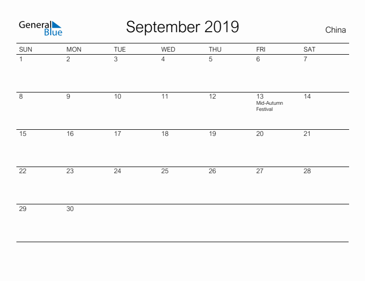 Printable September 2019 Calendar for China