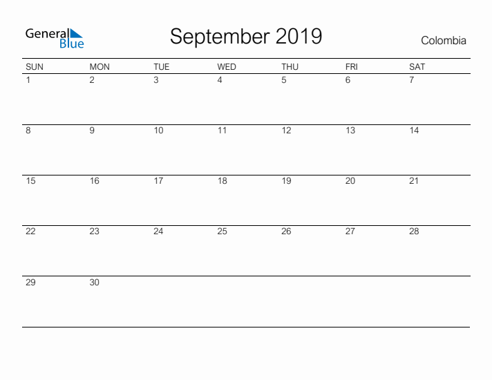 Printable September 2019 Calendar for Colombia