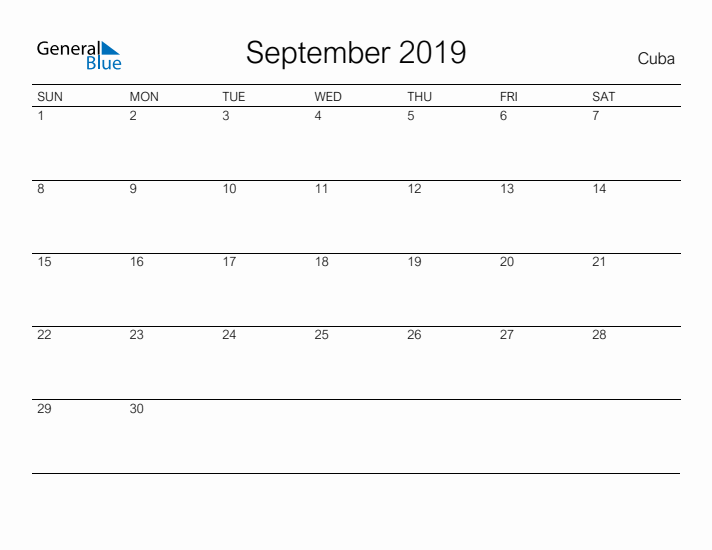 Printable September 2019 Calendar for Cuba