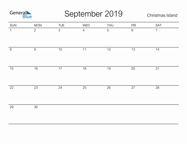 Printable September 2019 Calendar for Christmas Island