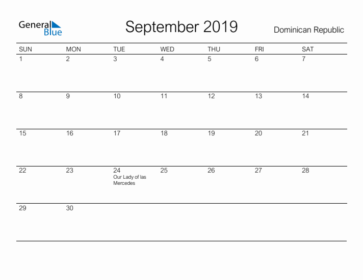 Printable September 2019 Calendar for Dominican Republic