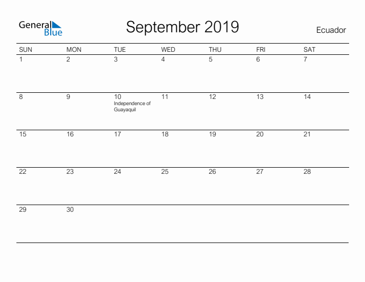 Printable September 2019 Calendar for Ecuador