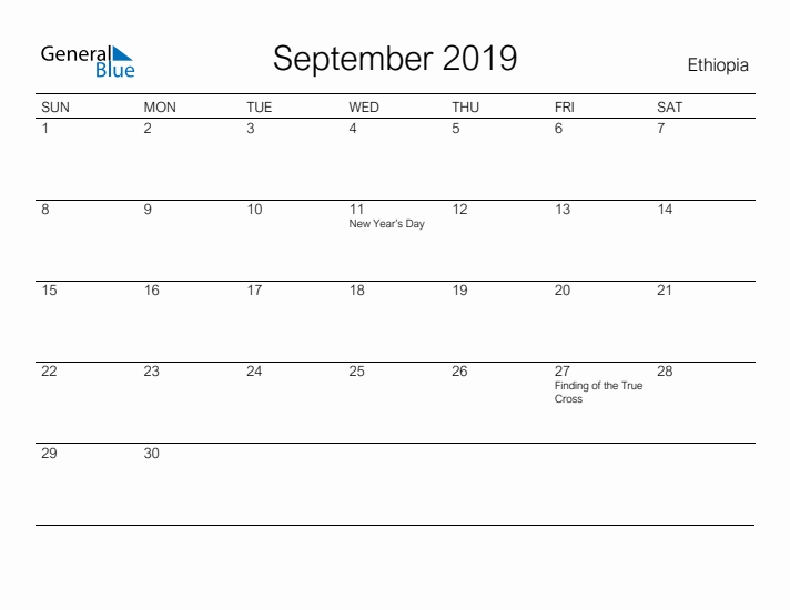 Printable September 2019 Calendar for Ethiopia