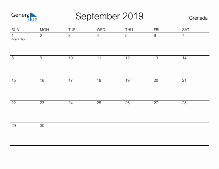 Printable September 2019 Calendar for Grenada