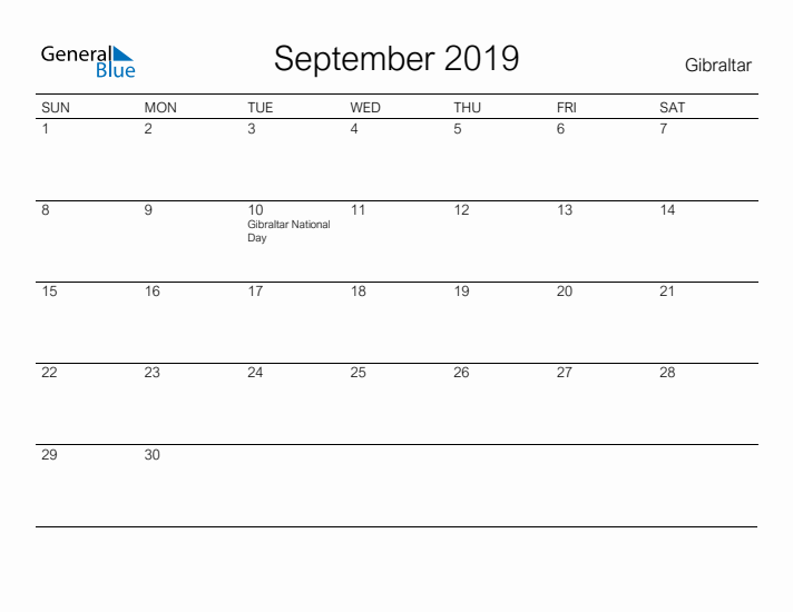 Printable September 2019 Calendar for Gibraltar