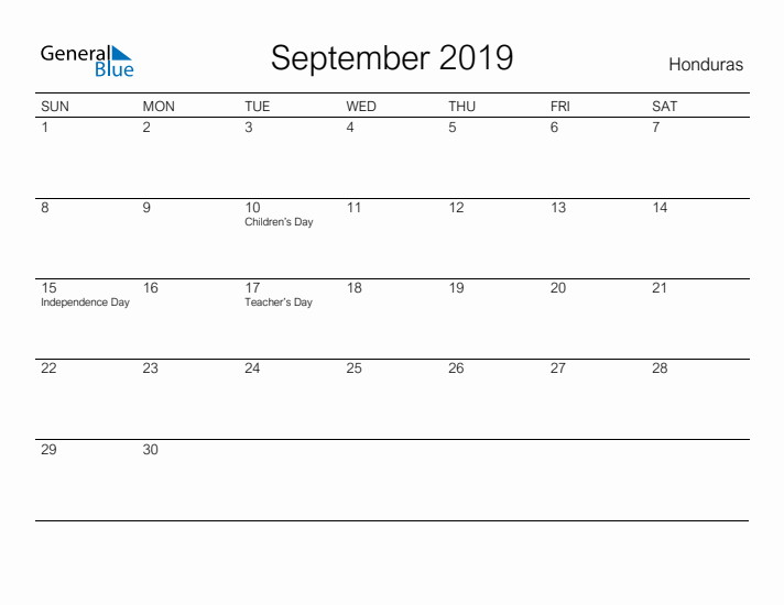 Printable September 2019 Calendar for Honduras