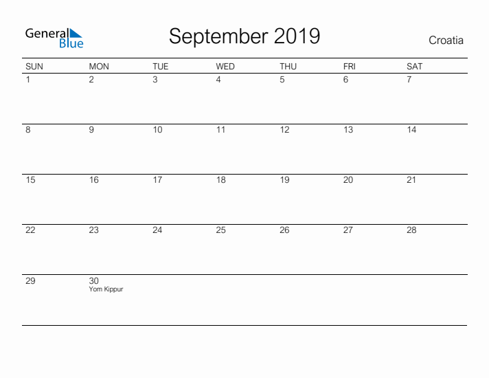 Printable September 2019 Calendar for Croatia