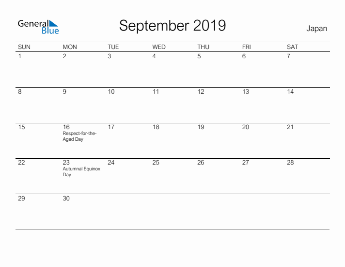 Printable September 2019 Calendar for Japan