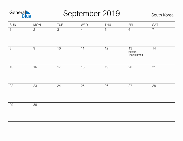 Printable September 2019 Calendar for South Korea