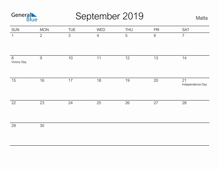 Printable September 2019 Calendar for Malta