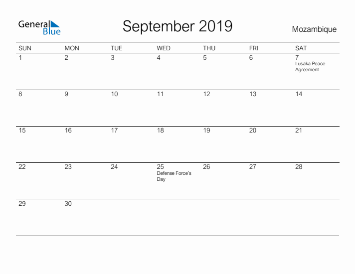 Printable September 2019 Calendar for Mozambique