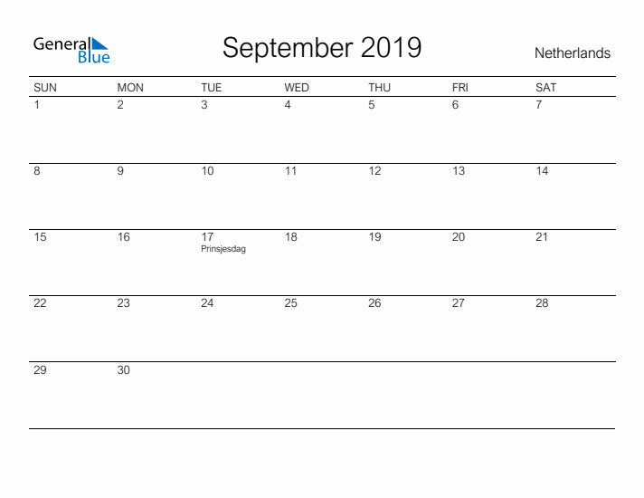 Printable September 2019 Calendar for The Netherlands