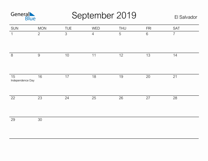 Printable September 2019 Calendar for El Salvador