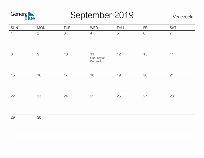 Printable September 2019 Calendar for Venezuela