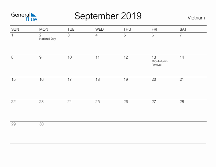 Printable September 2019 Calendar for Vietnam