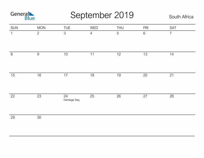 Printable September 2019 Calendar for South Africa