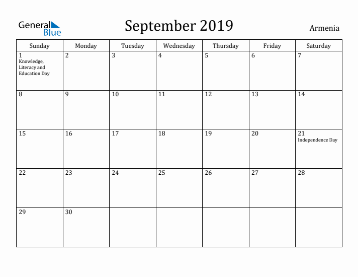 September 2019 Calendar Armenia