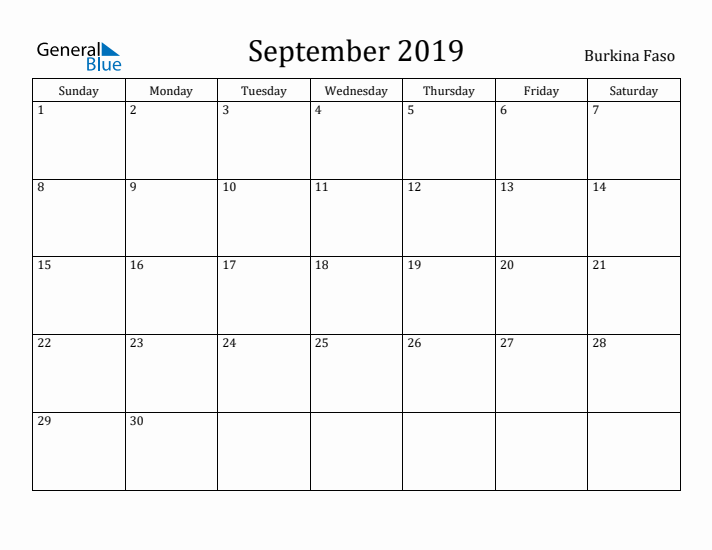 September 2019 Calendar Burkina Faso