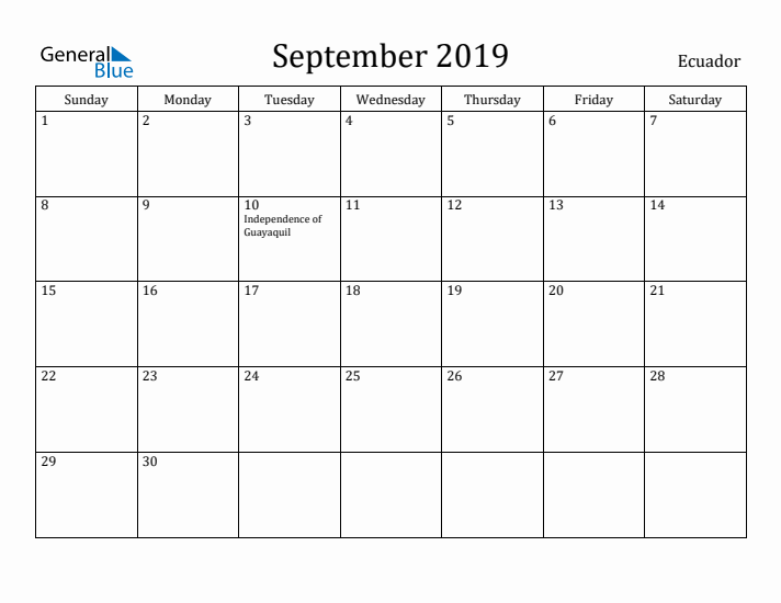 September 2019 Calendar Ecuador