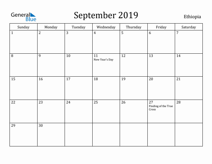 September 2019 Calendar Ethiopia