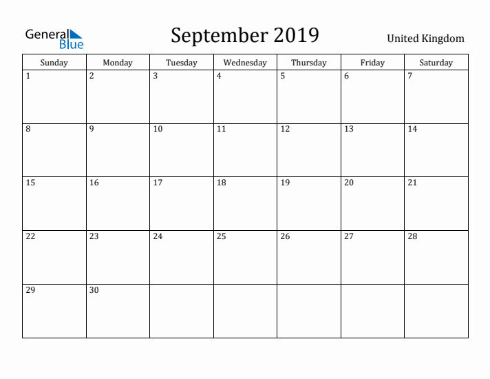 September 2019 Calendar United Kingdom