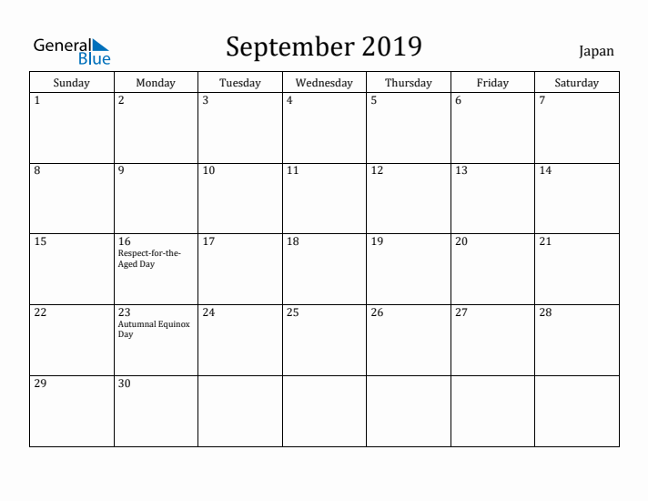 September 2019 Calendar Japan