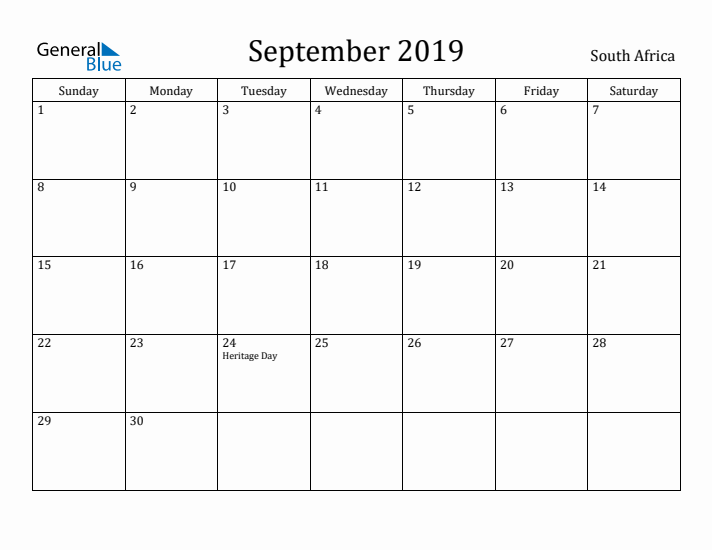 September 2019 Calendar South Africa