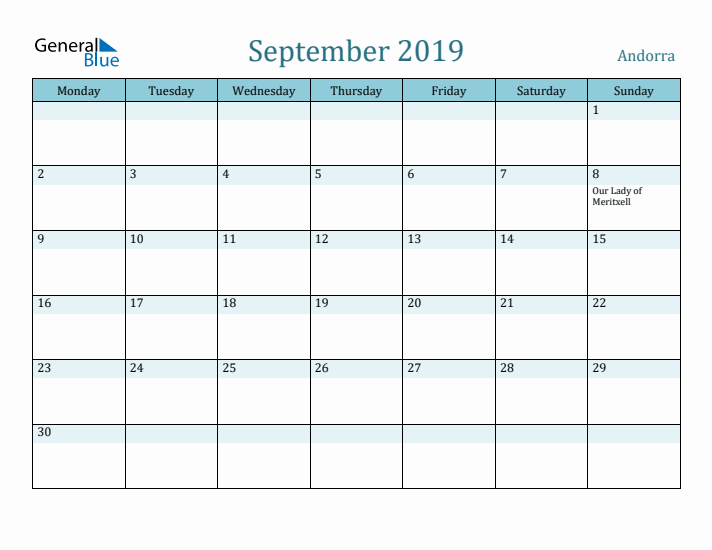 September 2019 Calendar with Holidays