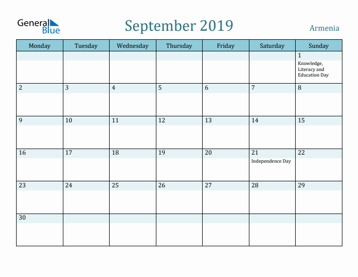 September 2019 Calendar with Holidays