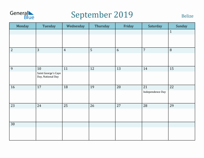 September 2019 Calendar with Holidays