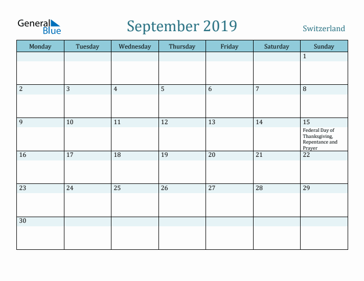 September 2019 Calendar with Holidays