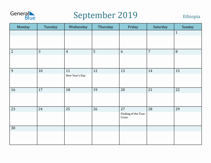 September 2019 Calendar with Holidays