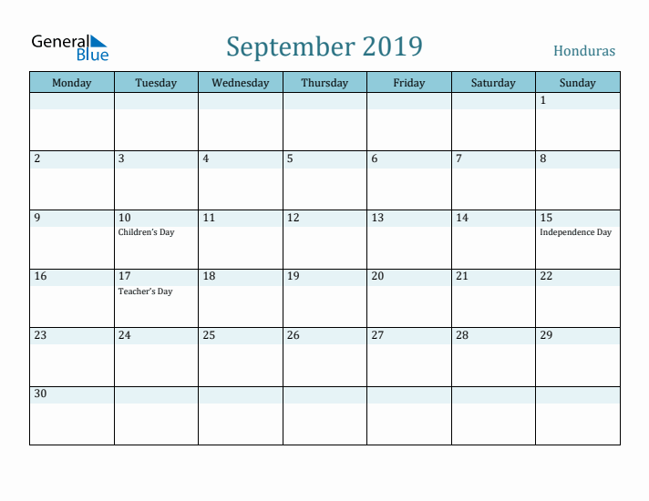 September 2019 Calendar with Holidays