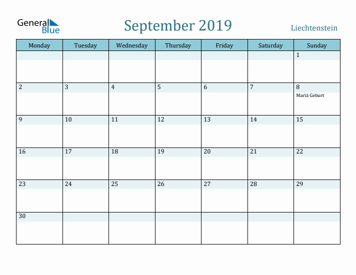 September 2019 Calendar with Holidays