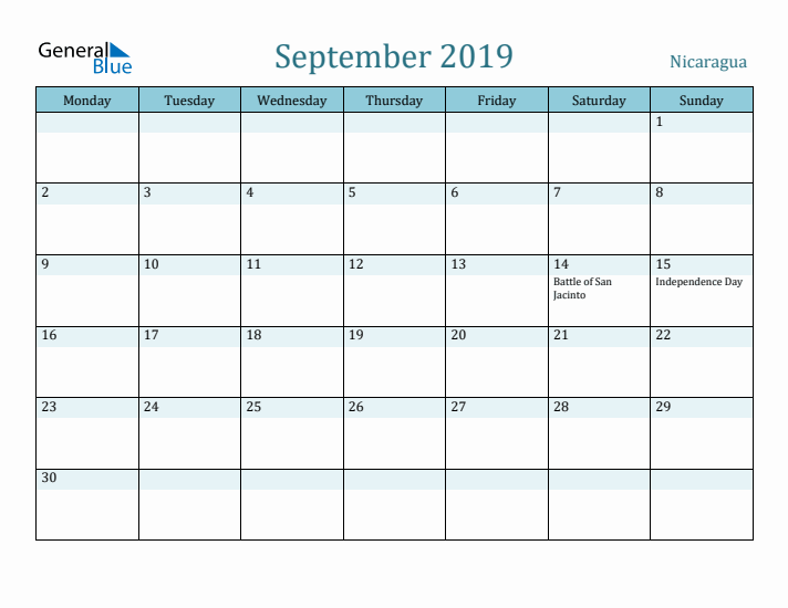 September 2019 Calendar with Holidays