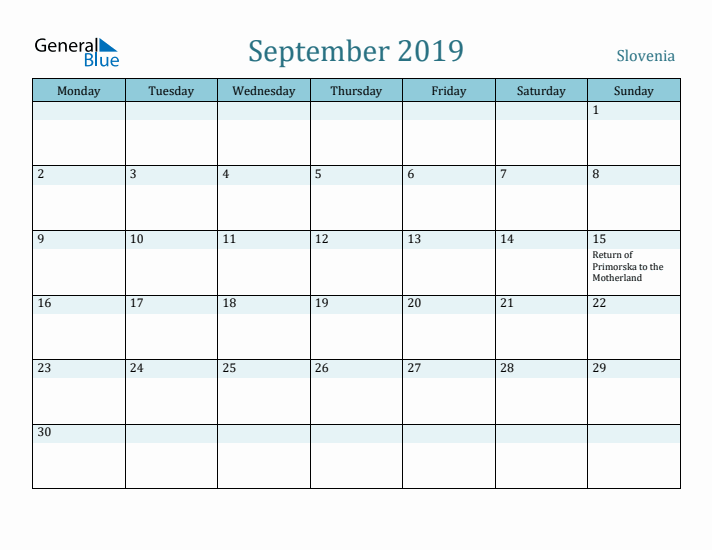 September 2019 Calendar with Holidays