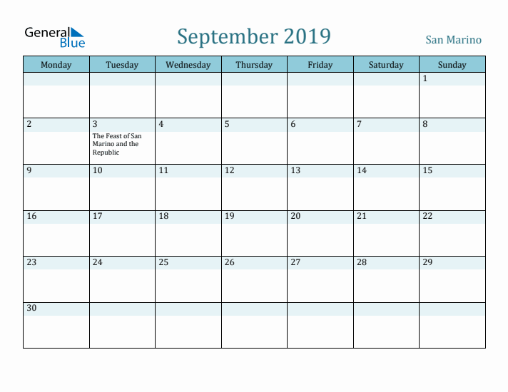 September 2019 Calendar with Holidays