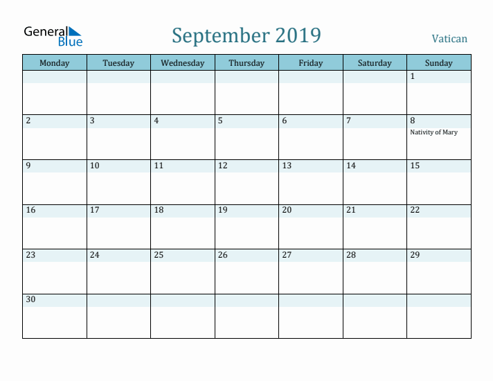 September 2019 Calendar with Holidays