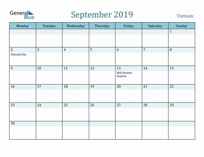 September 2019 Calendar with Holidays