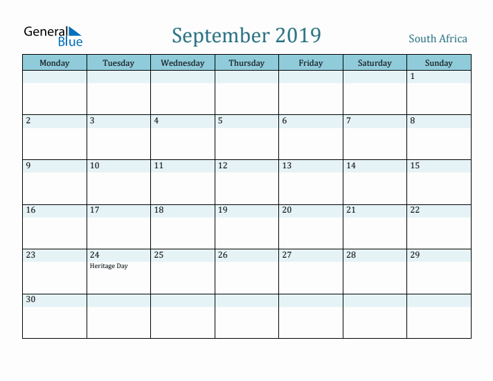 September 2019 Calendar with Holidays