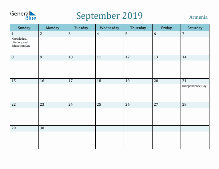 September 2019 Calendar with Holidays