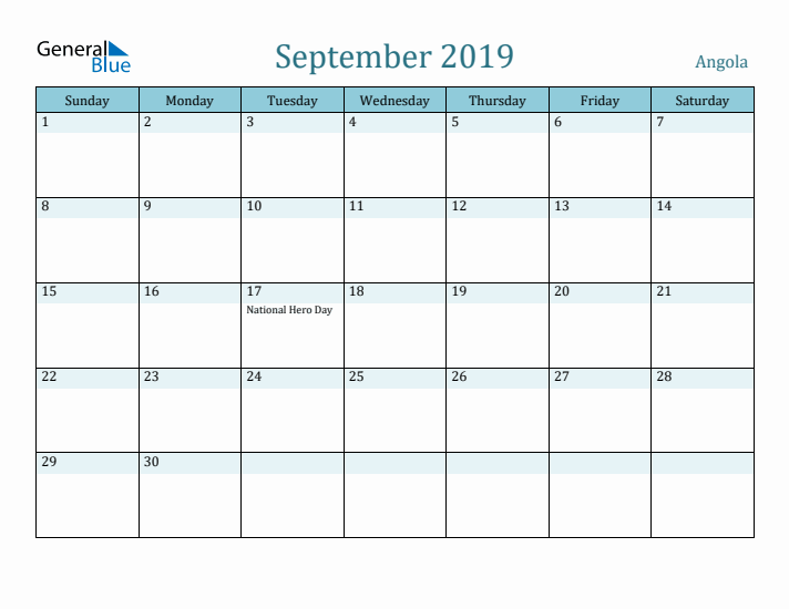 September 2019 Calendar with Holidays