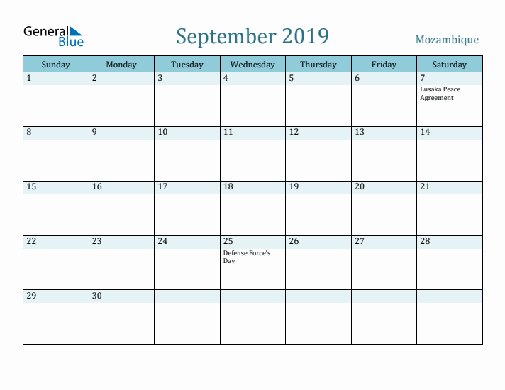 September 2019 Calendar with Holidays